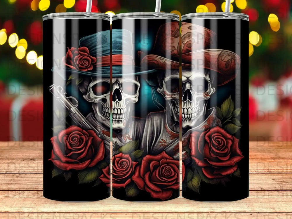 Skeleton couple wearing hats, holding guns, surrounded by roses.