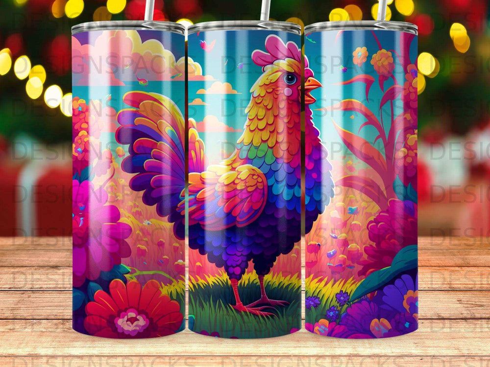 Colorful rooster with floral background on a skinny tumbler.