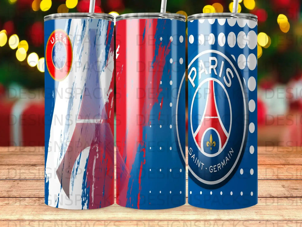 Paris Saint-Germain logo and French flag designs on stainless steel tumblers.