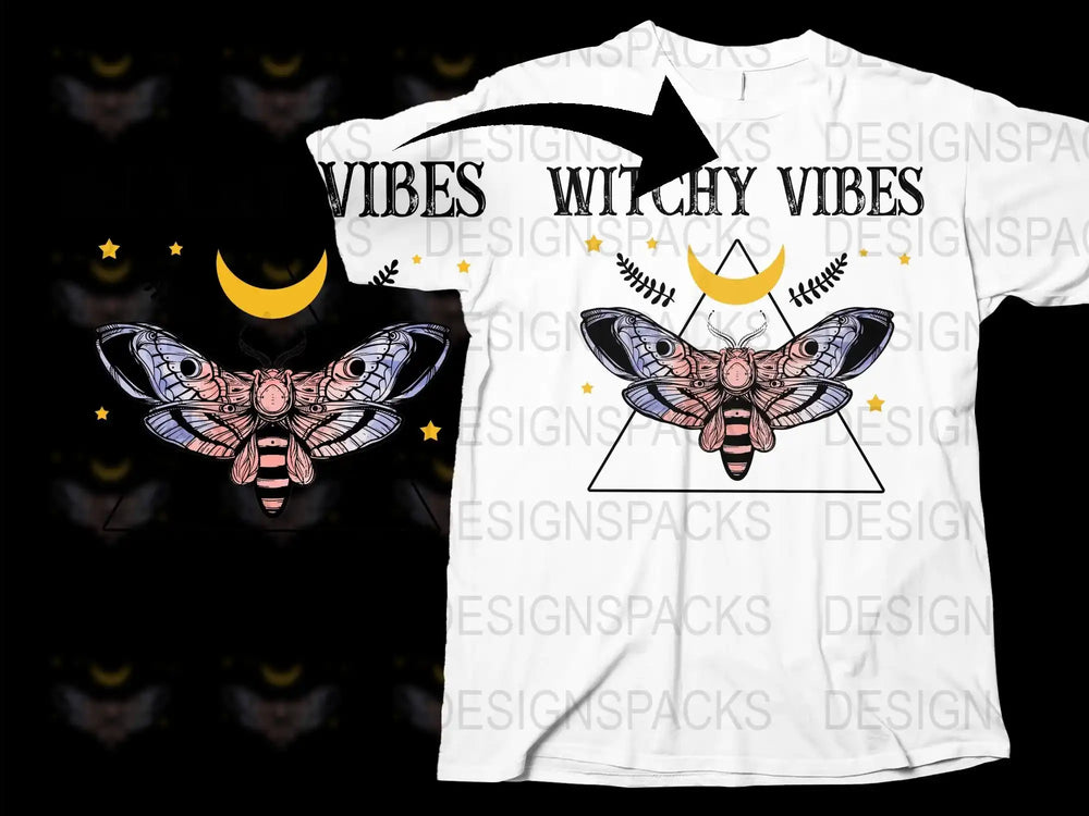 Witchy Vibes T-Shirt, Gothic Moth Graphic Tee, Crescent Moon and Stars, Unisex Fashion, Casual Streetwear Top, Unique Gift Idea