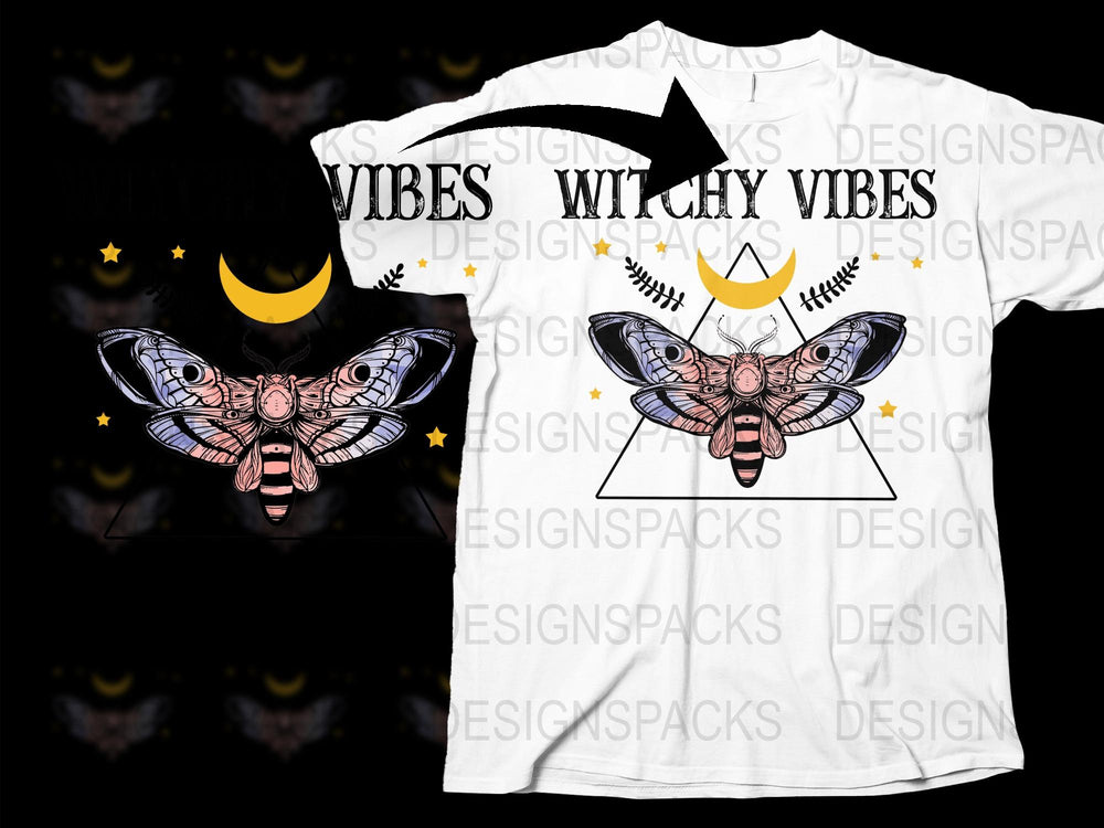 Witchy Vibes T-Shirt, Gothic Moth Graphic Tee, Crescent Moon and Stars, Unisex Fashion, Casual Streetwear Top, Unique Gift Idea