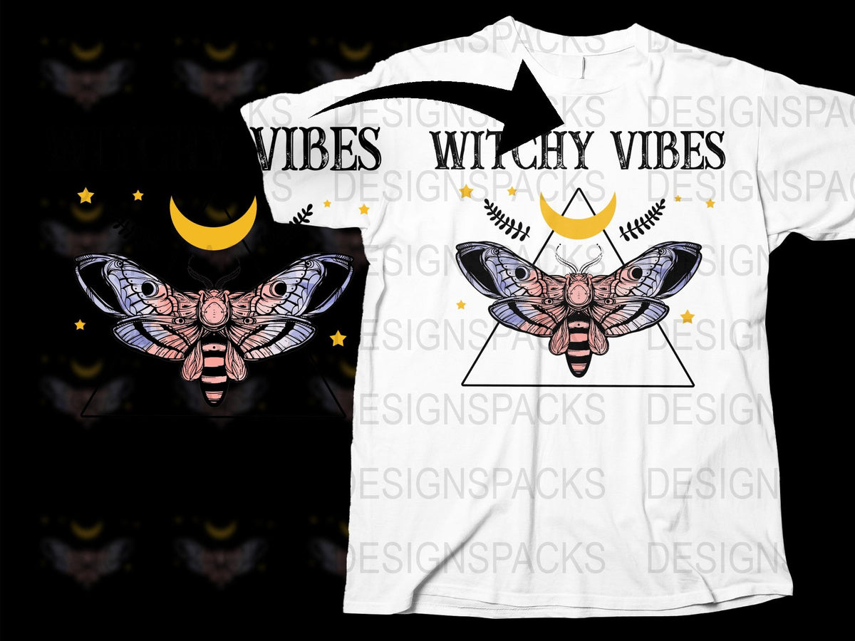 Witchy Vibes T-Shirt, Gothic Moth Graphic Tee, Crescent Moon and Stars, Unisex Fashion, Casual Streetwear Top, Unique Gift Idea