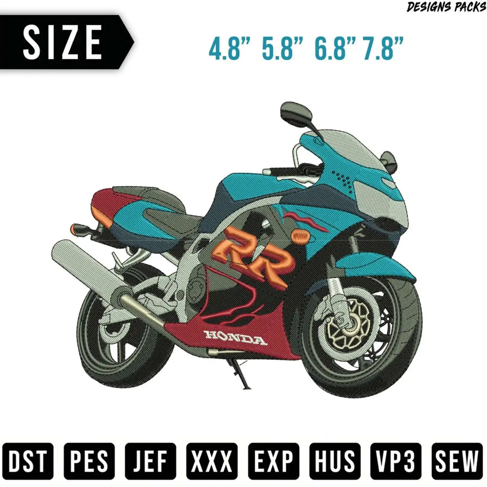 Blue and red Honda motorcycle with size options and file formats.