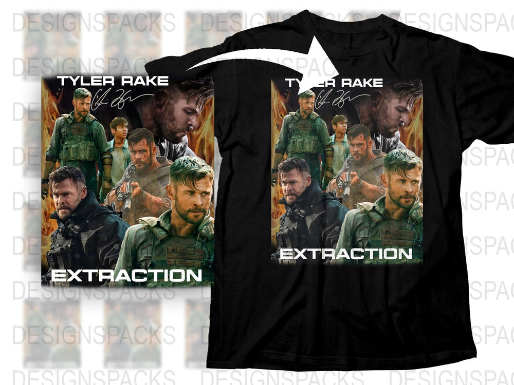 Extraction Movie Tyler Rake Graphic T-Shirt, Action Film Fan Apparel, Multiple Poses, Black Tee