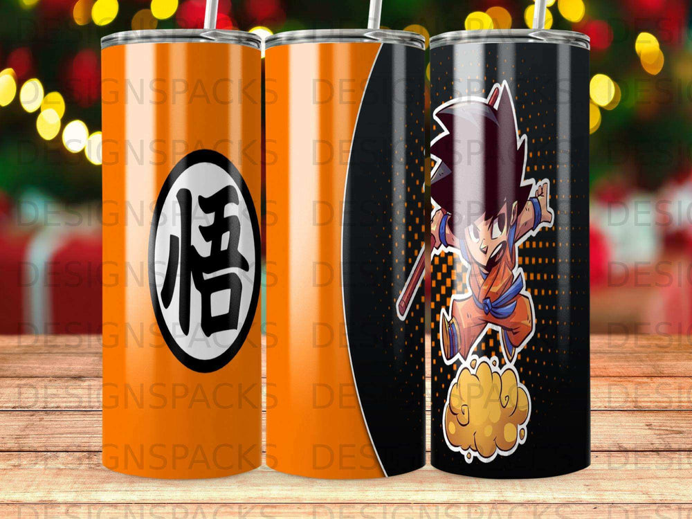 Dragon Ball Z character Goku in action on orange and black patterned tumblers.