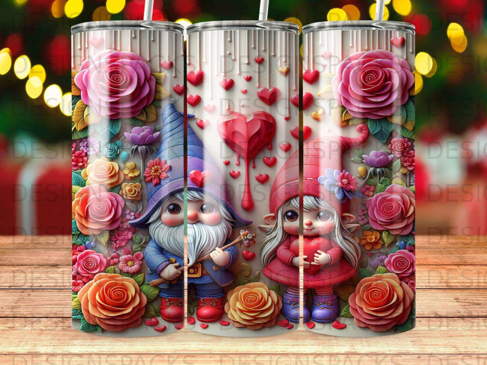 Gnomes with roses and hearts, suitable for a Valentine's Day tumbler.