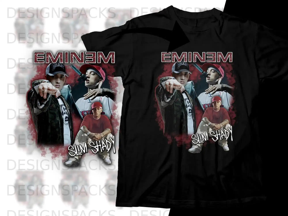 Eminem and Slim Shady graphic on black t-shirt.