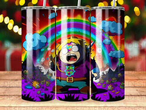Cartoon character with purple hoodie and rainbow background on a tumbler.