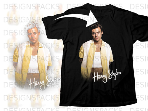 Black t-shirt with Harry Styles graphic and signature.