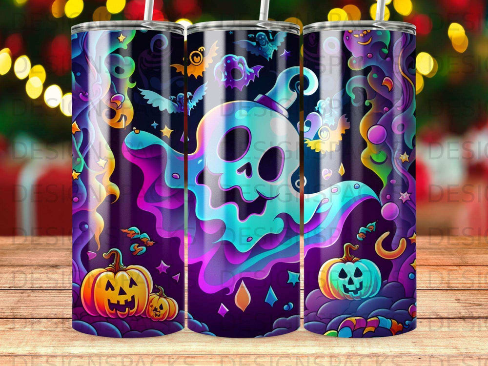 Halloween ghost with pumpkins and bats on a purple swirling background.