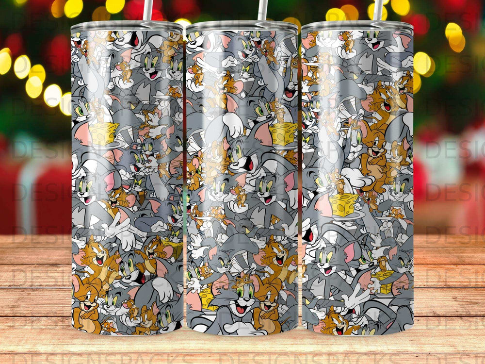 Cartoon characters Tom and Jerry scattered across a tumbler wrap with blurry bokeh background.