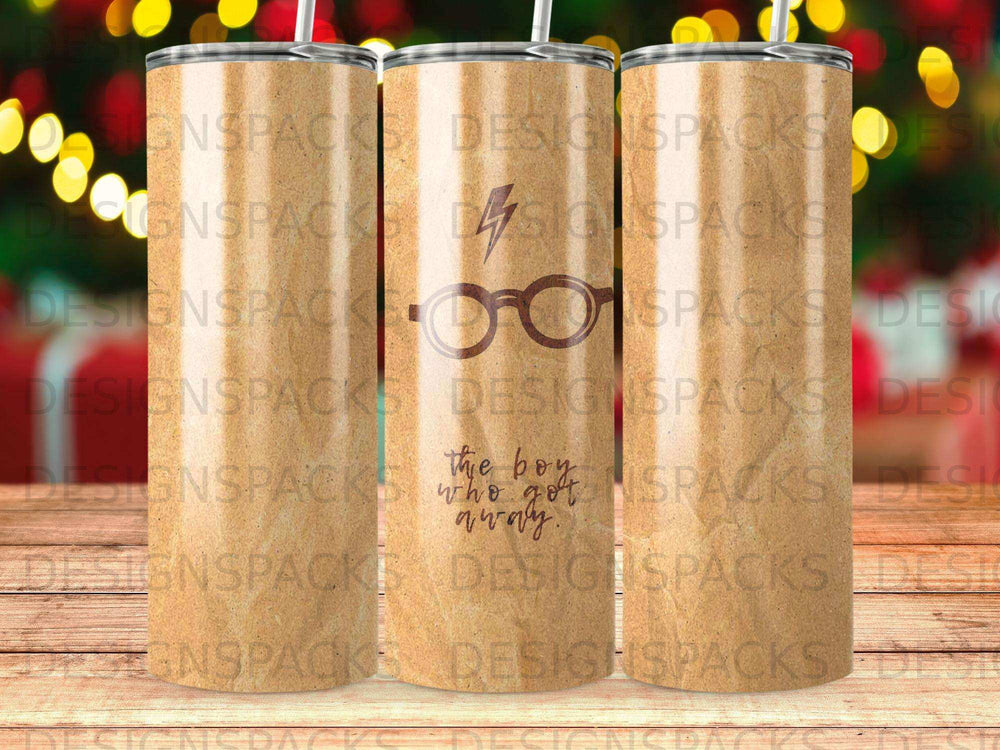 Three tumblers with a Harry Potter-themed design, "the boy who got away."