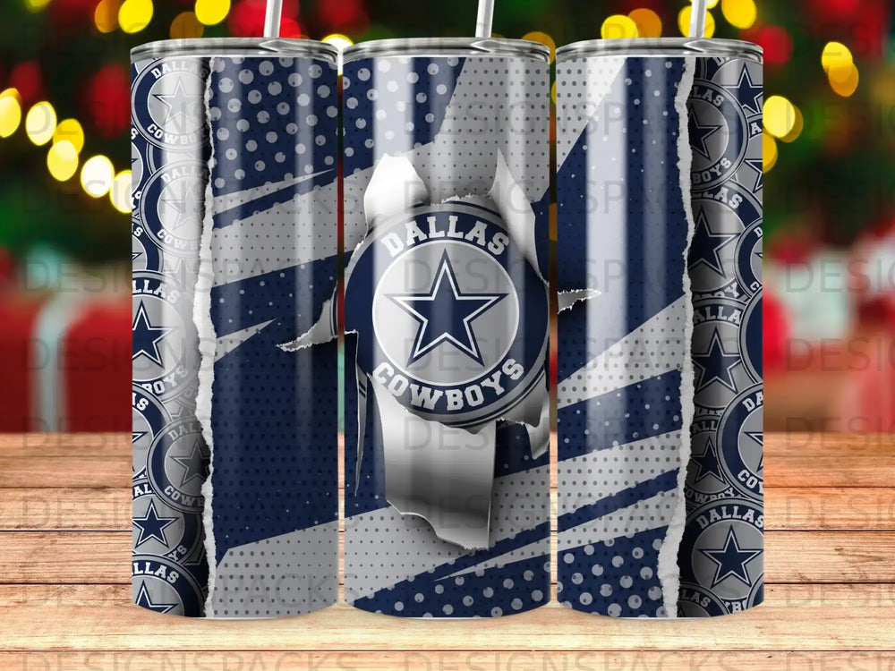 Dallas Cowboys logo on a distressed metallic tumbler.