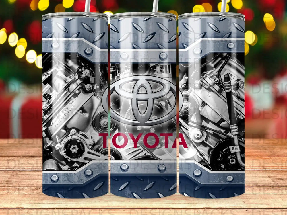 Toyota engine detail with metallic diamond plate border.