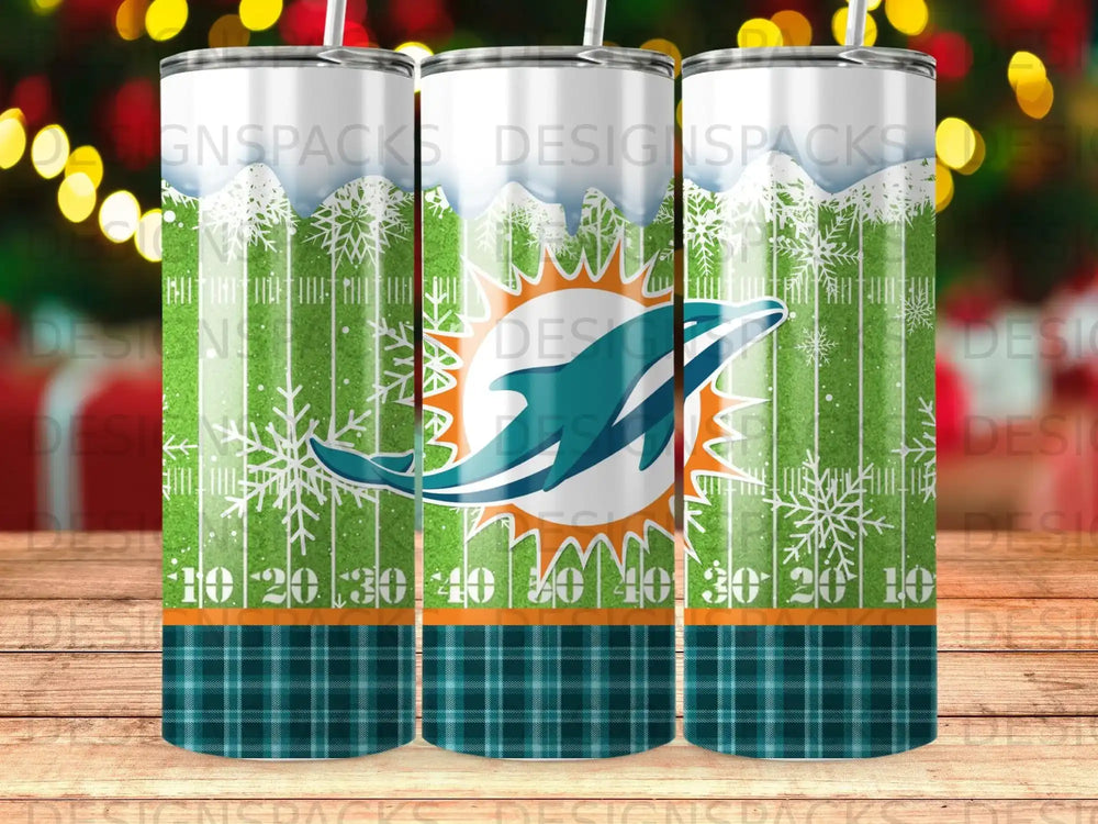Miami Dolphins logo on a tumbler with plaid and snowflake pattern.