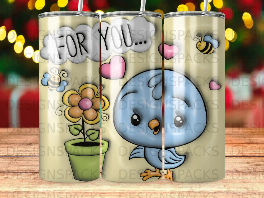 Blue bird in plant pot with "FOR YOU..." text and bees.