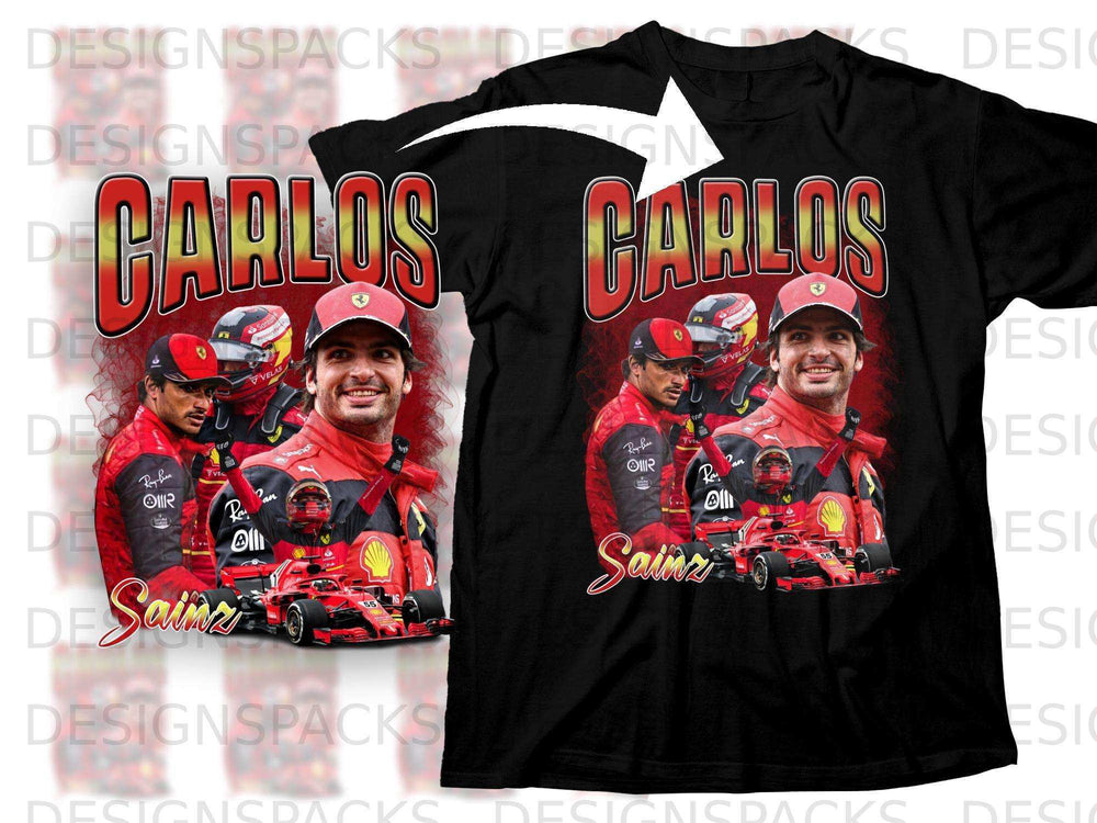 T-shirt with Carlos Sainz and Ferrari F1 car illustration.
