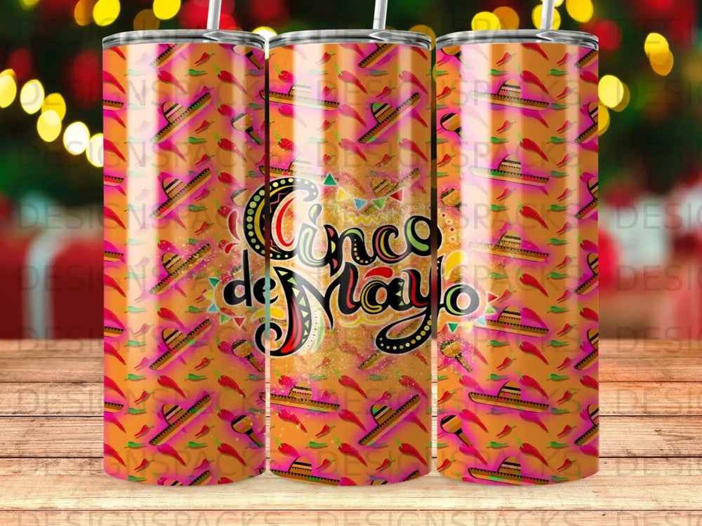 Cinco de Mayo tumbler with sombrero and chili pepper pattern.
