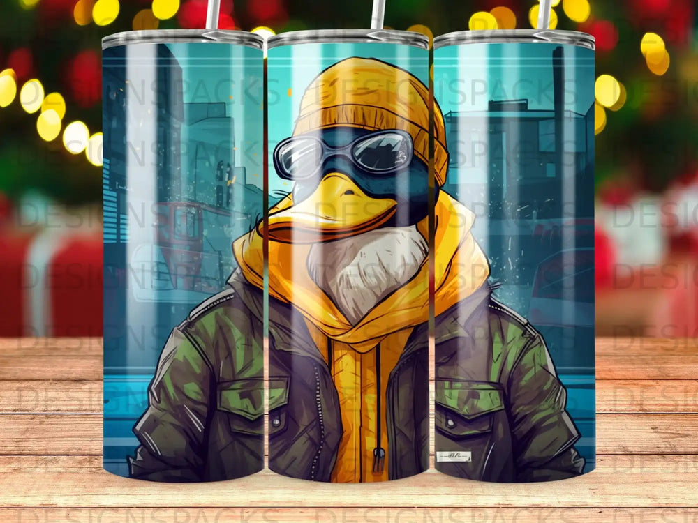 Cartoon duck wearing sunglasses and a hoodie, standing in front of city lights.
