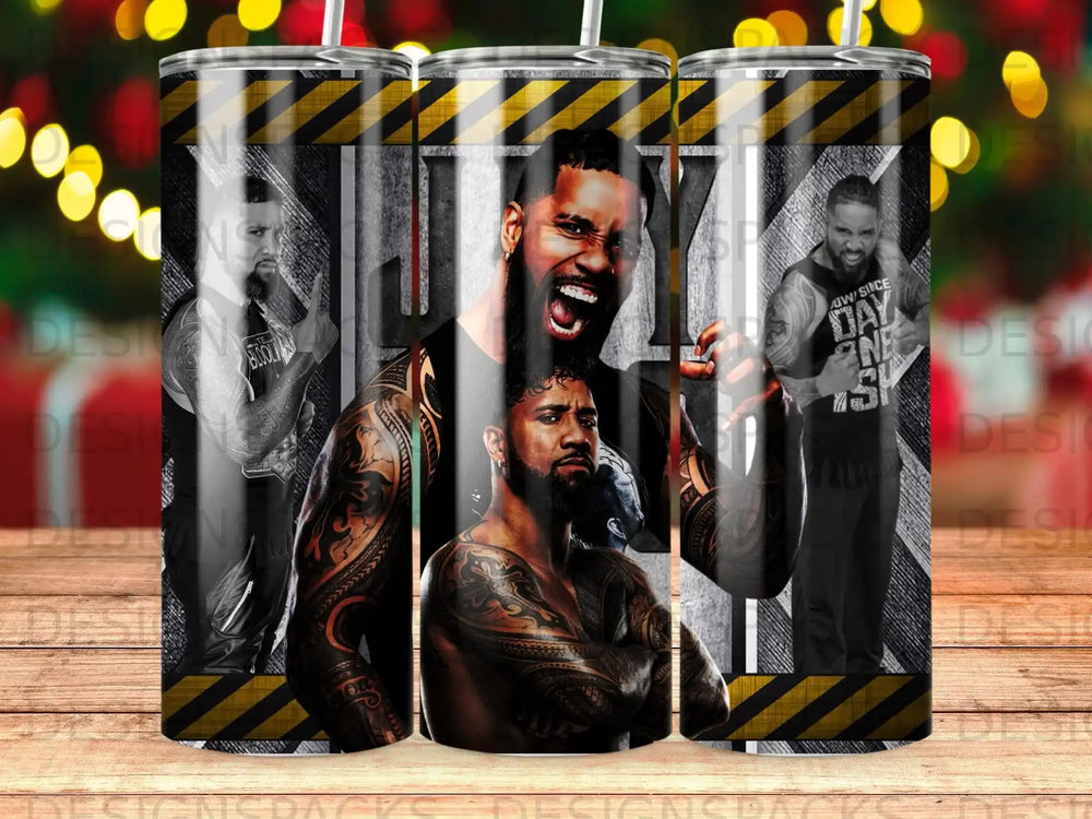 Wrestlers Roman Reigns and AJ Styles on a tumbler with black and yellow hazard stripes.