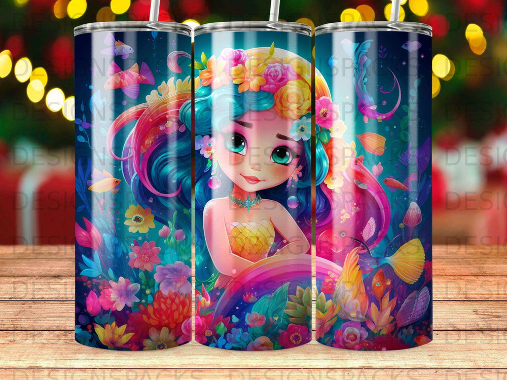 Mermaid with colorful hair surrounded by fish and flowers.