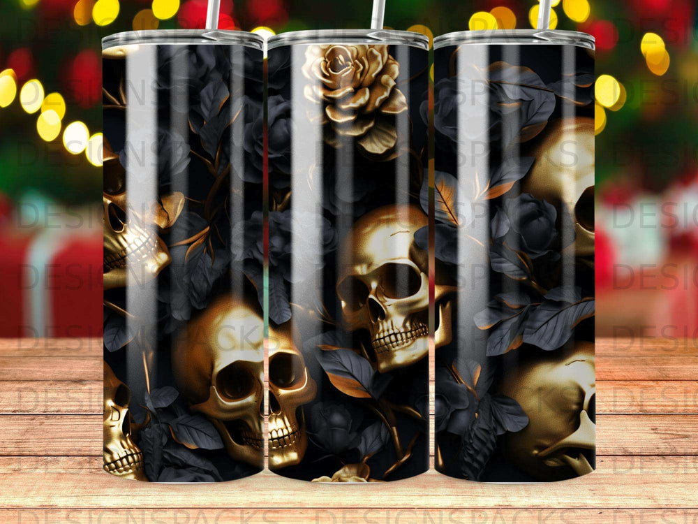Gold skulls and dark roses pattern on a tumbler.
