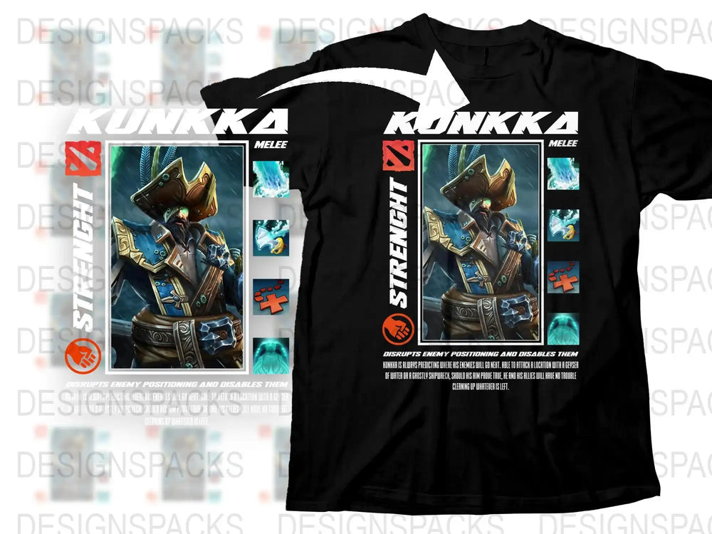 Kunkka Dota 2 Character T-Shirt, Black Cotton Tee, Gaming Apparel, Strength Hero Design, Melee Fighter Graphic Shirt