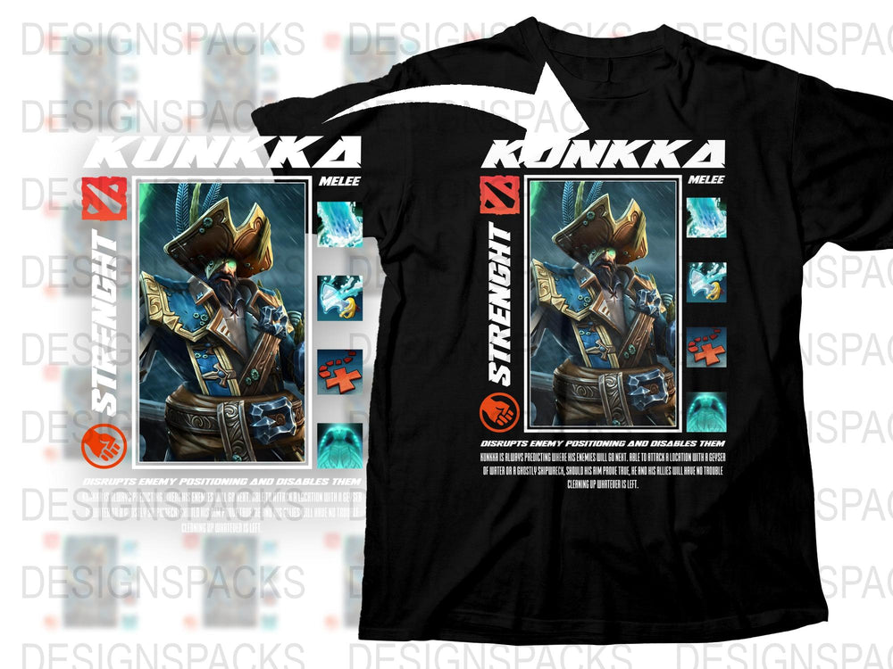 Kunkka Dota 2 Character T-Shirt, Black Cotton Tee, Gaming Apparel, Strength Hero Design, Melee Fighter Graphic Shirt