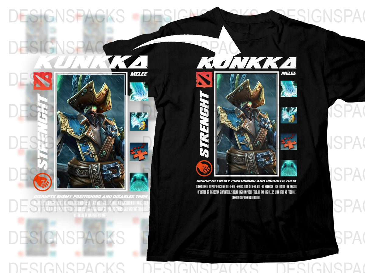 Kunkka Dota 2 Character T-Shirt, Black Cotton Tee, Gaming Apparel, Strength Hero Design, Melee Fighter Graphic Shirt