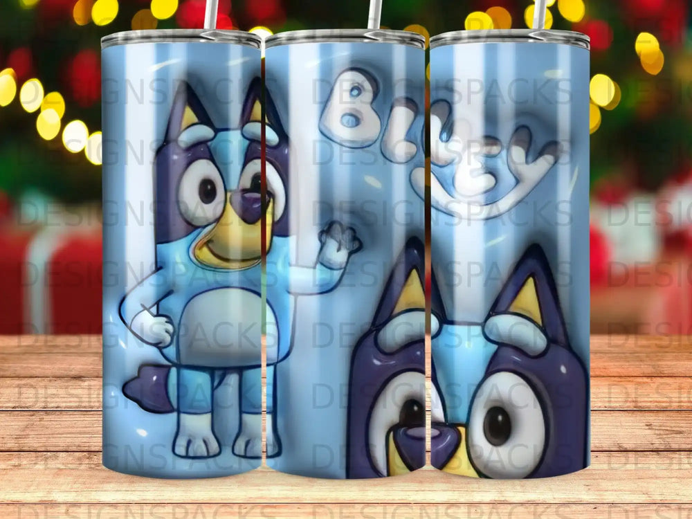 Bluey and Bingo characters on a blue tumbler with repeating Bluey logo.