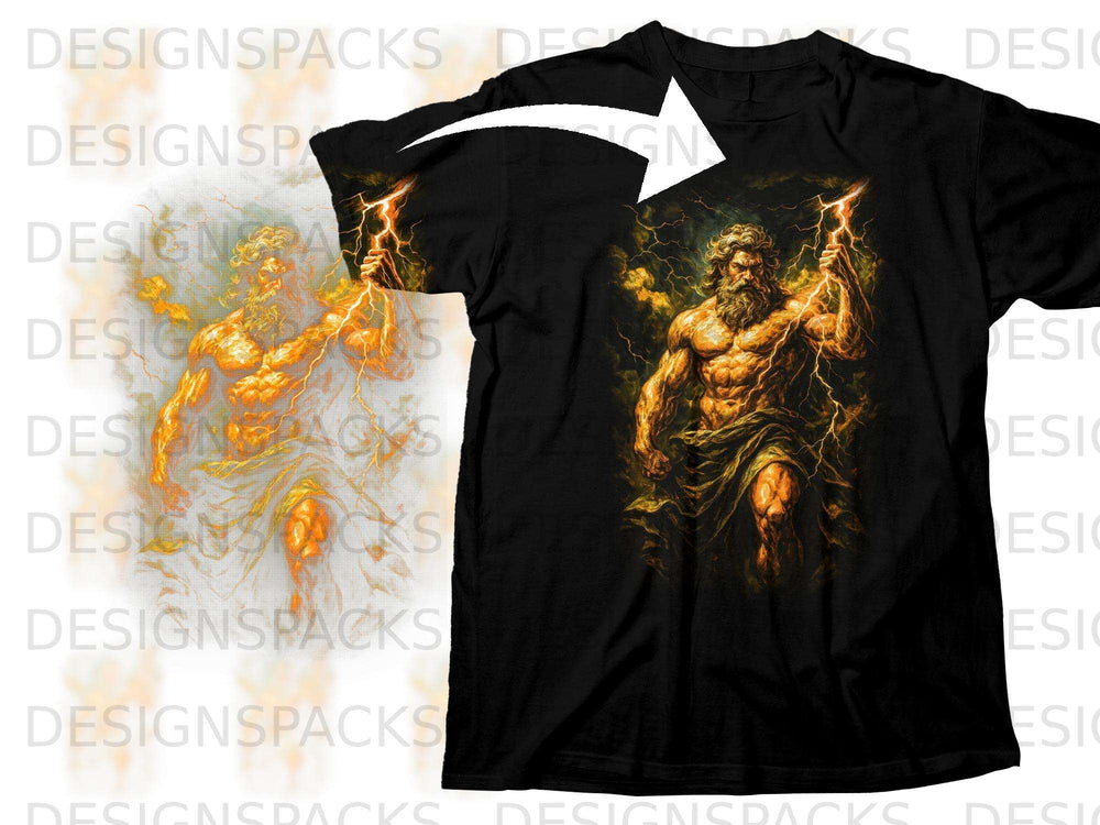Black t-shirt displaying a muscular Zeus holding a lightning bolt amid stormy clouds.