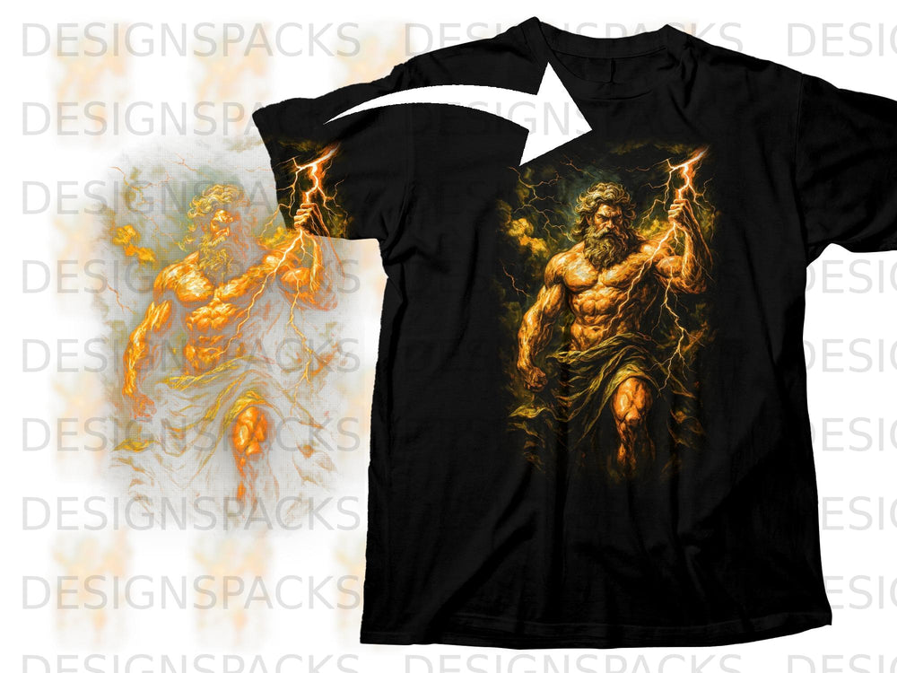 Black t-shirt displaying a muscular Zeus holding a lightning bolt amid stormy clouds.