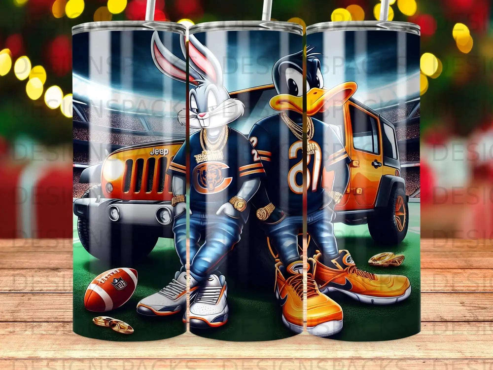 Bugs Bunny and Daffy Duck in streetwear by a Jeep.