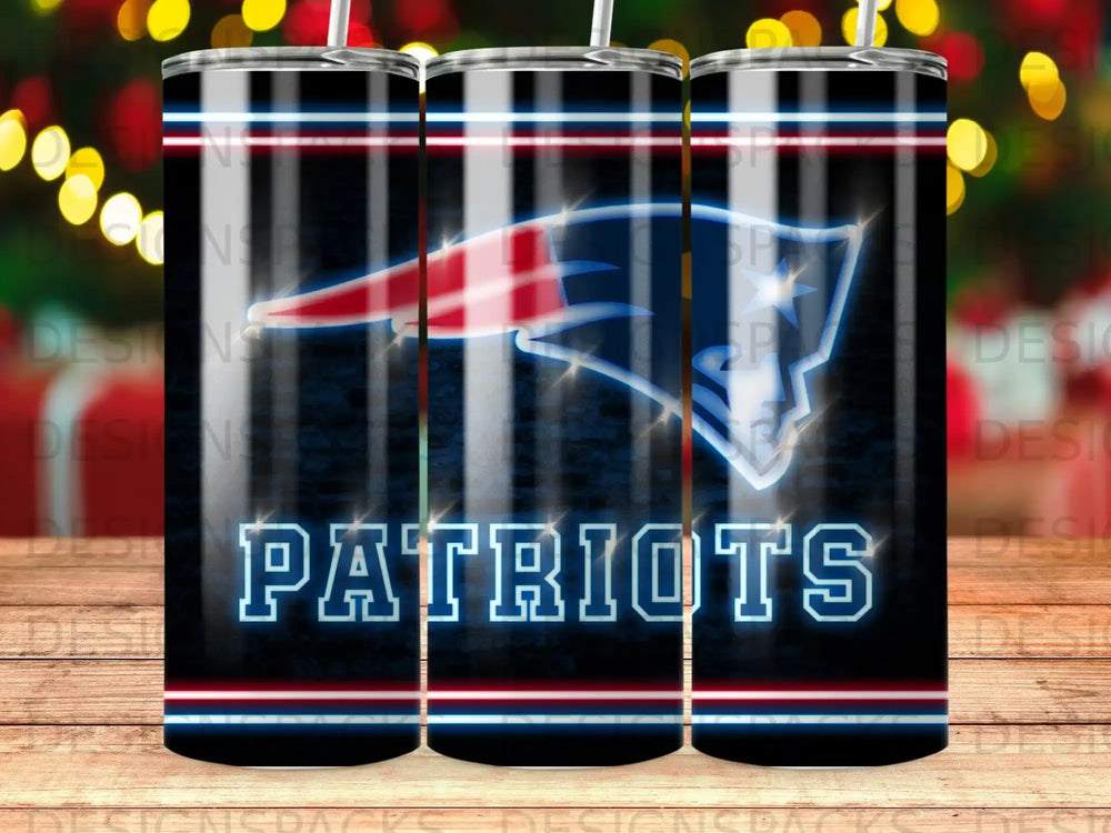 New England Patriots logo with horizontal blue and red stripes on a tumbler.