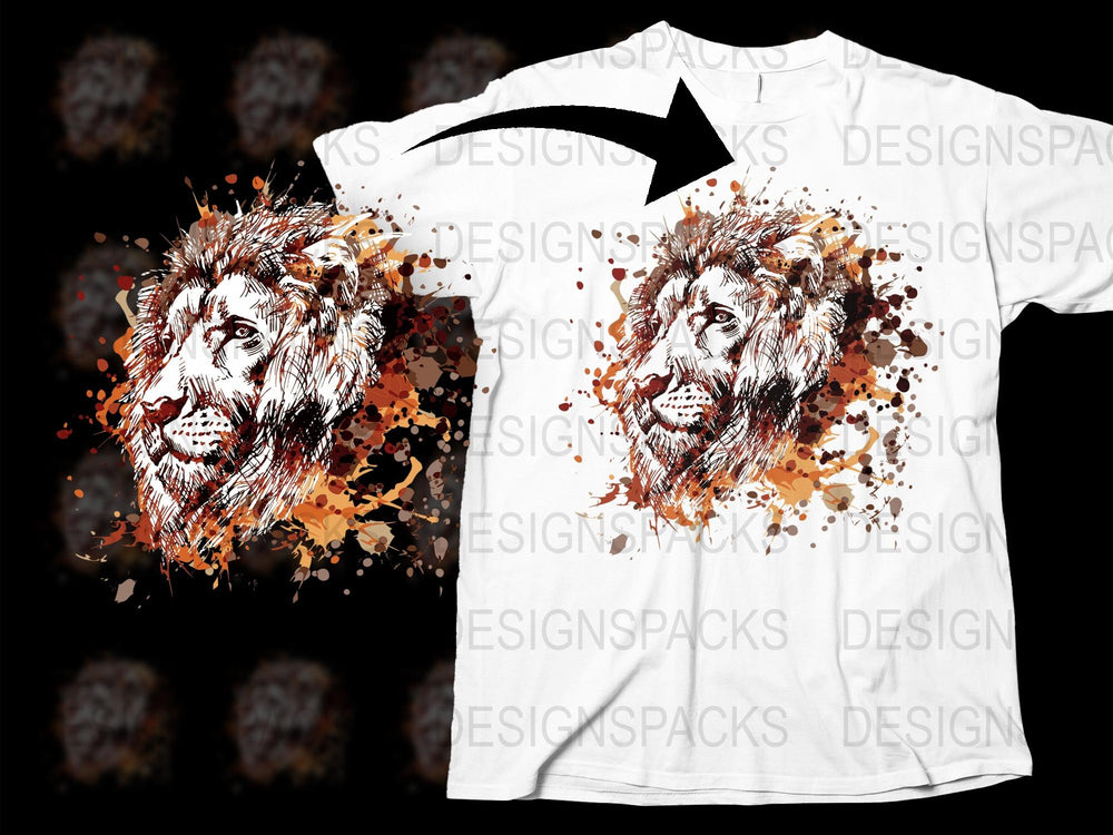 Lion Graphic T-Shirt with Watercolor Splash Design, Unisex Lion Face Tee, Artistic Animal Print Shirt for All Ages