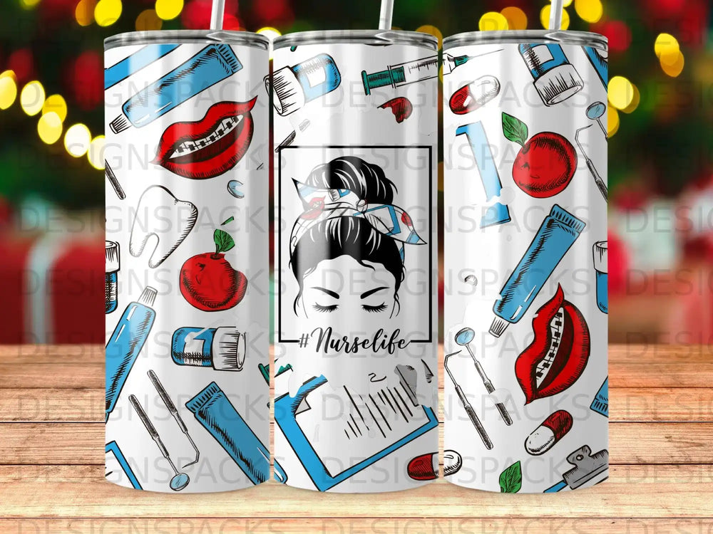 Nurse life tumbler with medical icons and lipstick.