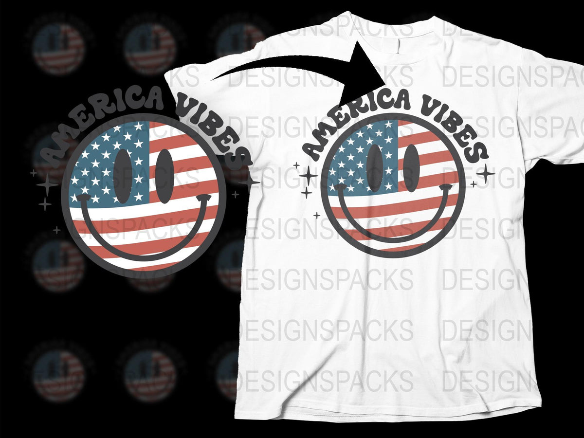 Americana Vibes T-Shirt, USA Flag Smiley Face Graphic Tee, Patriotic Summer Casual Top, Unisex Fashion Shirt
