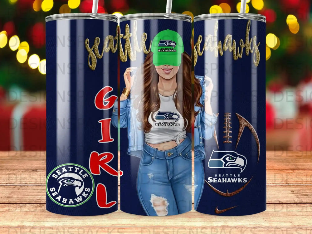 Seattle Seahawks girl with football and logo tumbler design.