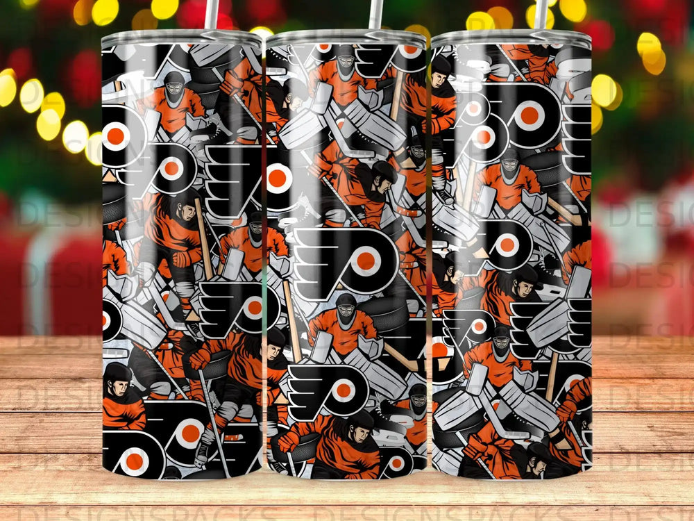Philadelphia Flyers hockey goalie pattern on a tumbler.