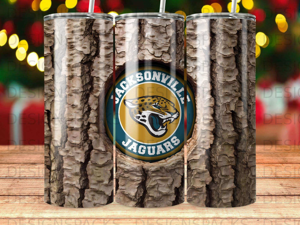 Jacksonville Jaguars logo on a wood-grain tumbler.
