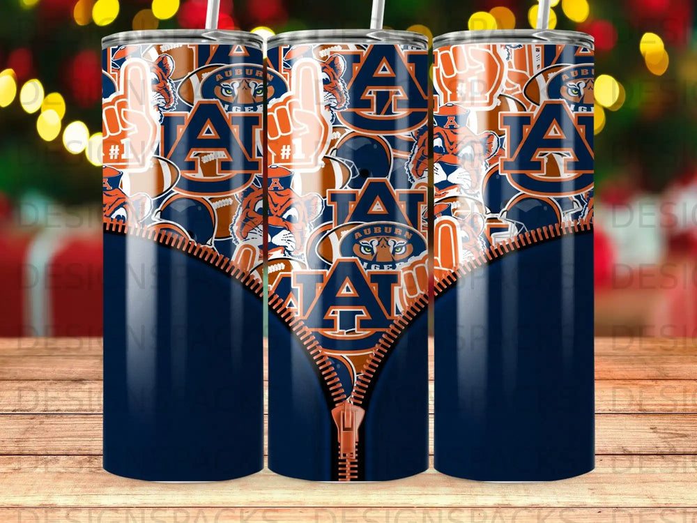 Tumbler with Auburn University Tigers logo and football graphics, featuring a zipper design.