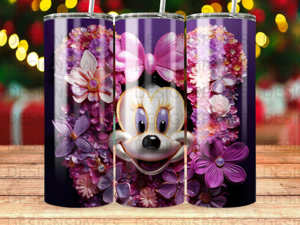 Minnie Mouse face surrounded by purple and pink flowers on a tumbler.