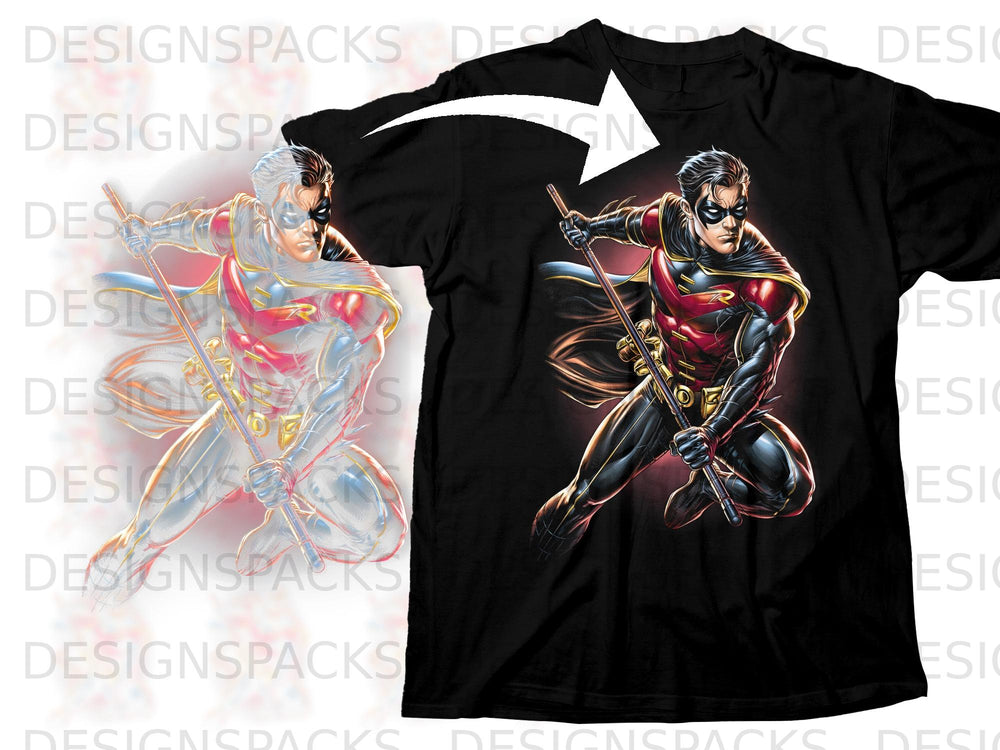 Black t-shirt with Robin comic book character graphic in red and gold.