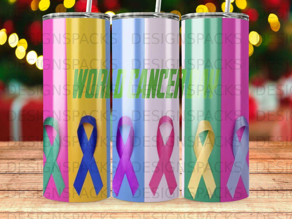 Tumbler with "World Cancer Day" text and awareness ribbons.