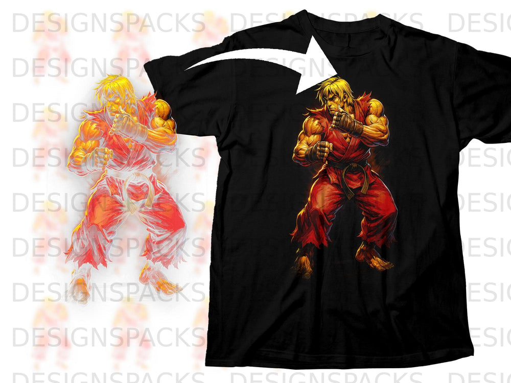 Black t-shirt mockup featuring a fighting stance illustration of a martial artist.