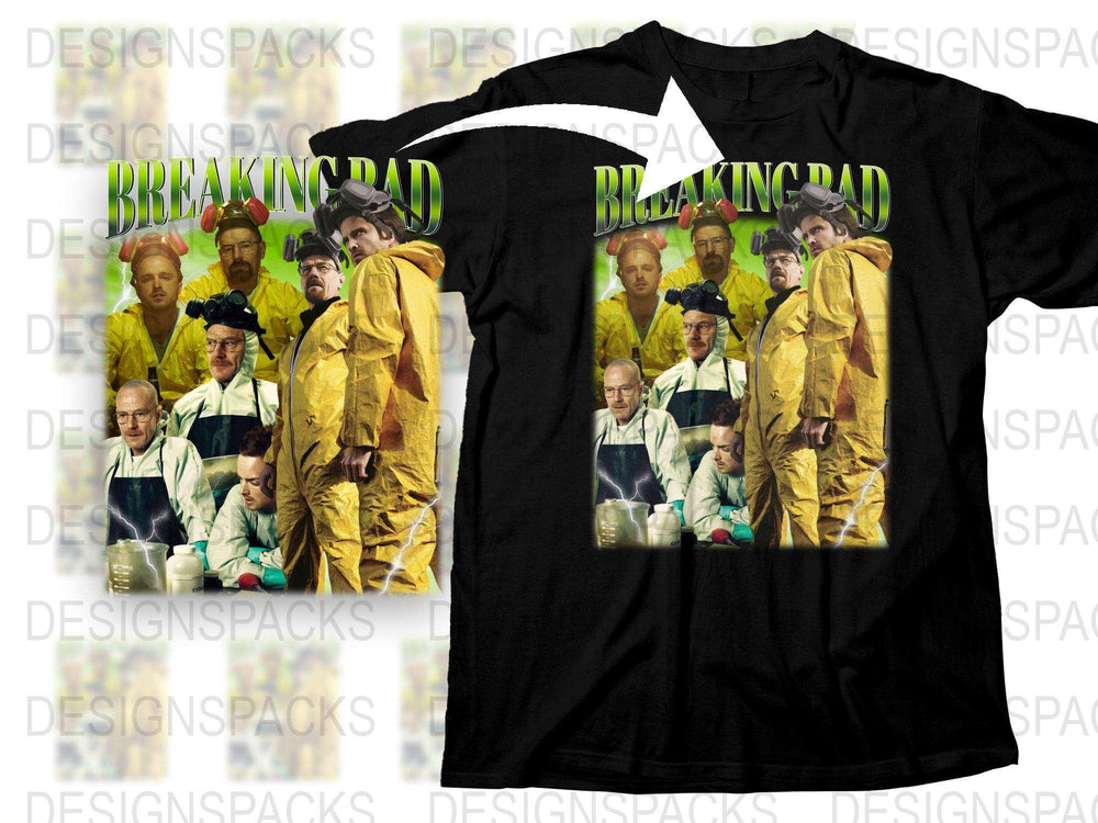 Breaking Bad T-Shirt, Multiple Character Print, Yellow Suits, Collectible TV Show Merchandise, Unisex Black Tee