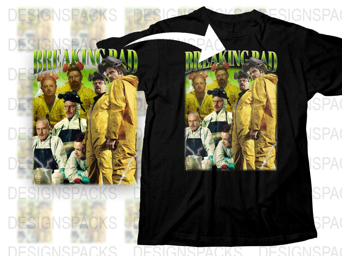 Breaking Bad T-Shirt, Multiple Character Print, Yellow Suits, Collectible TV Show Merchandise, Unisex Black Tee