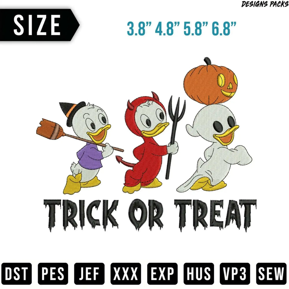 Duck characters in Halloween costumes with "Trick or Treat" text.