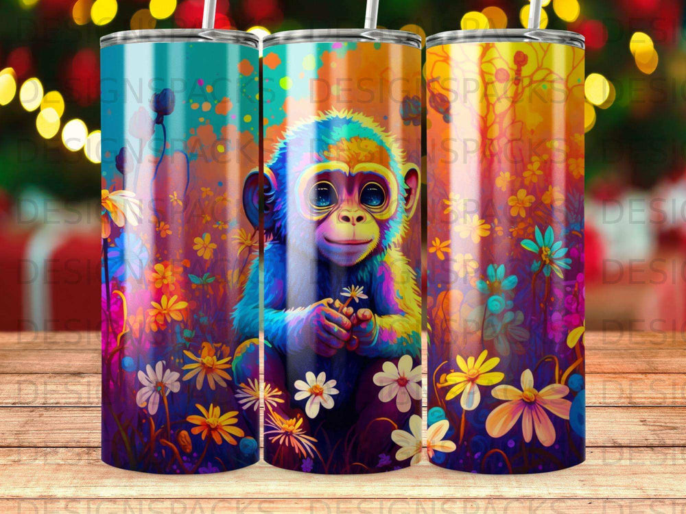 Monkey holding a flower, surrounded by colorful flowers and swirling patterns.
