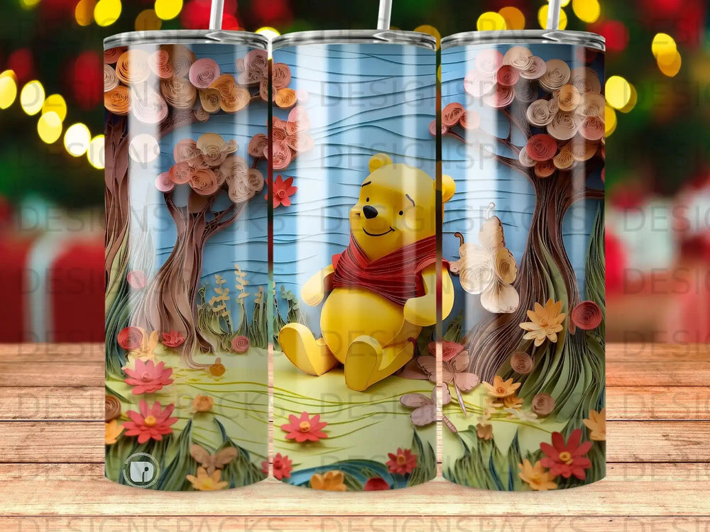 Winnie the Pooh sitting in a forest with trees and flowers.